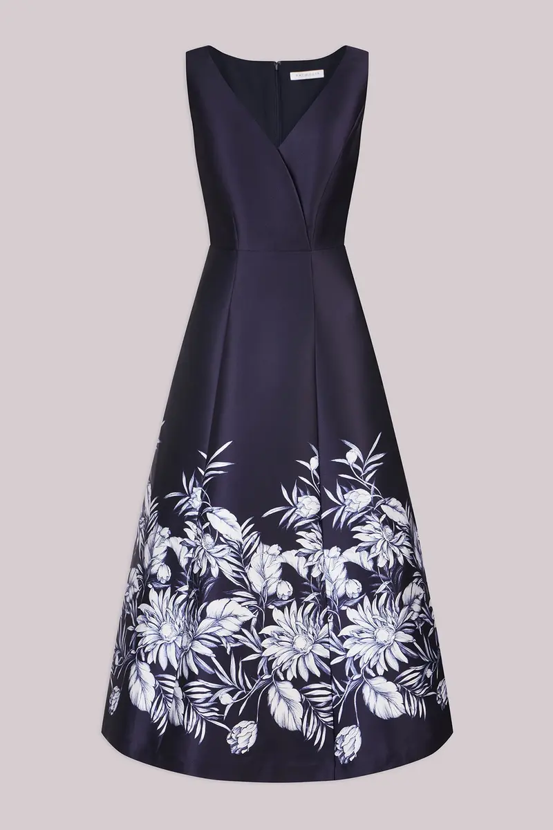 Tropical Border Print Tea-Length Mikado Dress