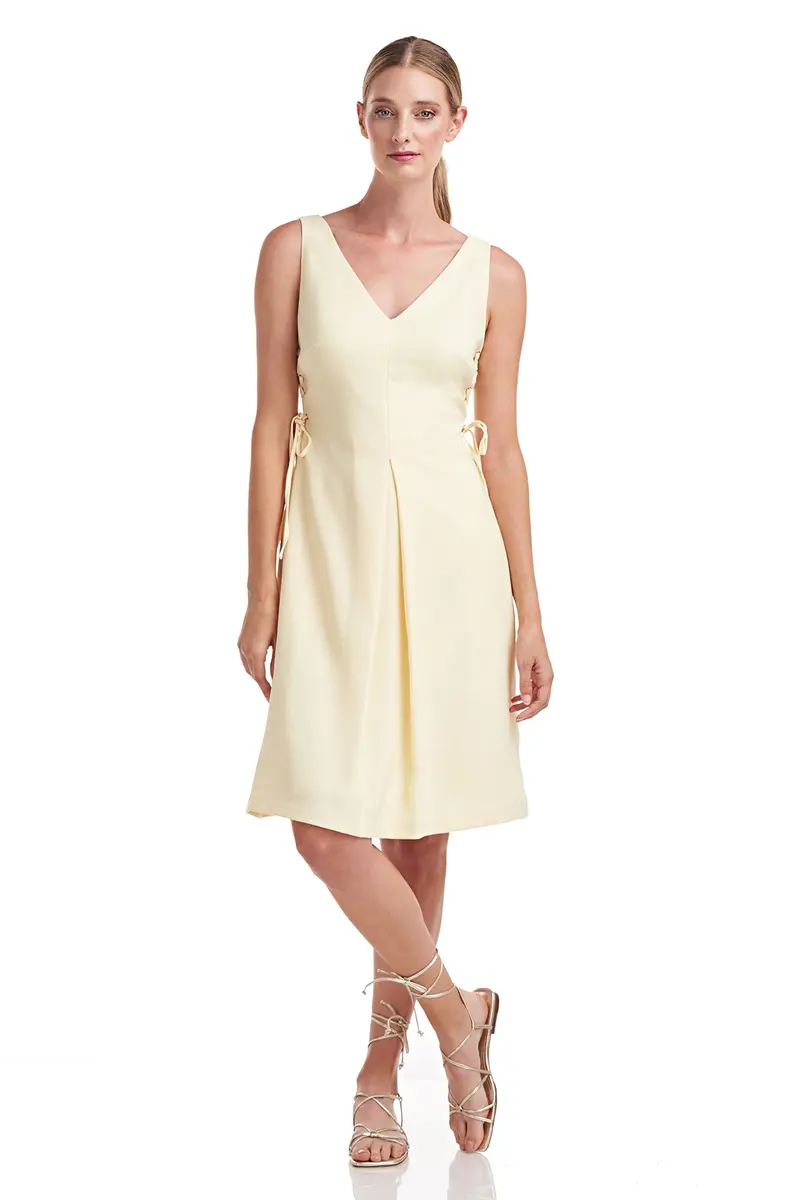 V-Neck Linen-Blend Pleated Dress with Laced Sides