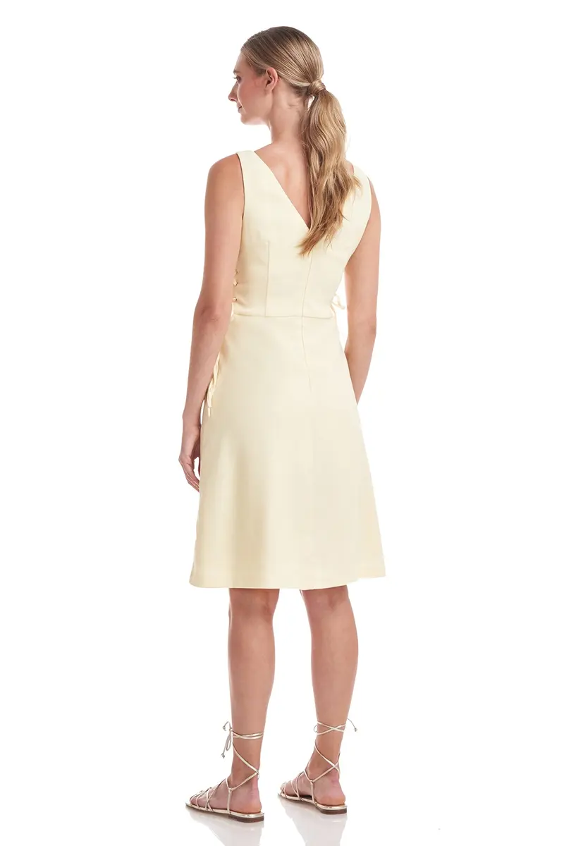 V-Neck Linen-Blend Pleated Dress with Laced Sides 2