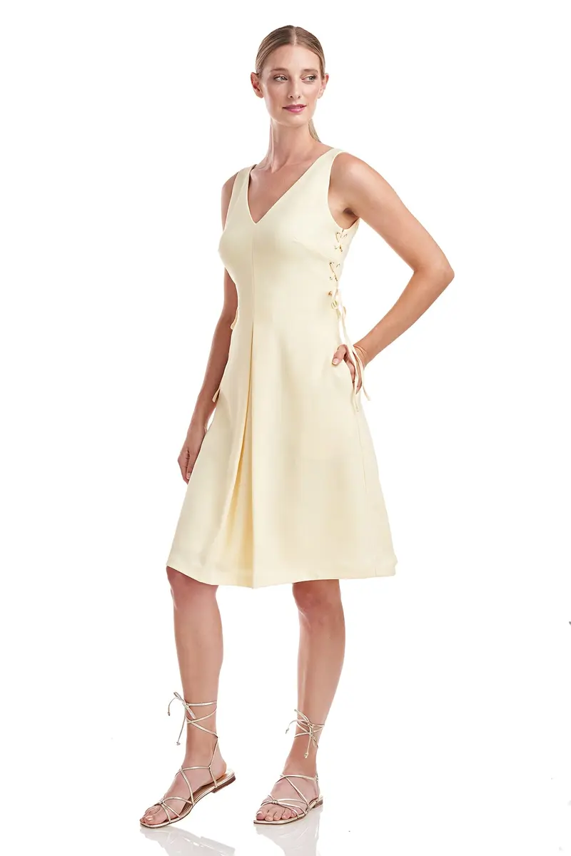 V-Neck Linen-Blend Pleated Dress with Laced Sides