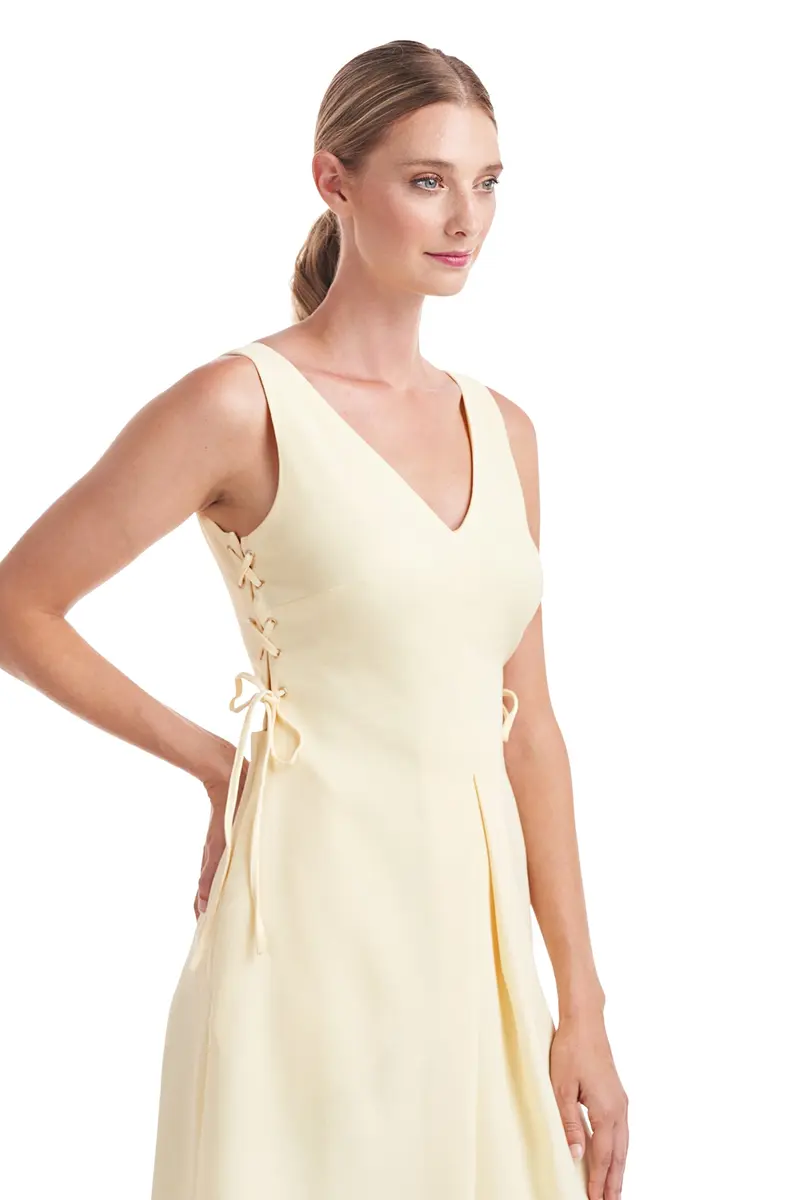 V-Neck Linen-Blend Pleated Dress with Laced Sides