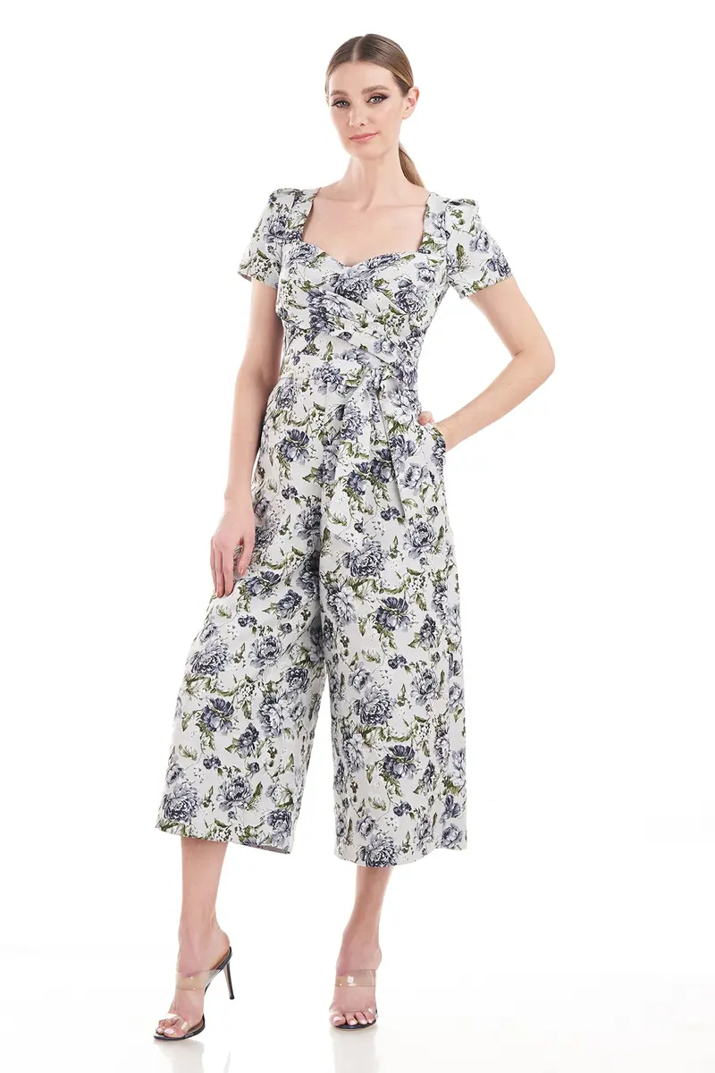 Vintage-Inspired Jacquard Jumpsuit with Wrap Bodice