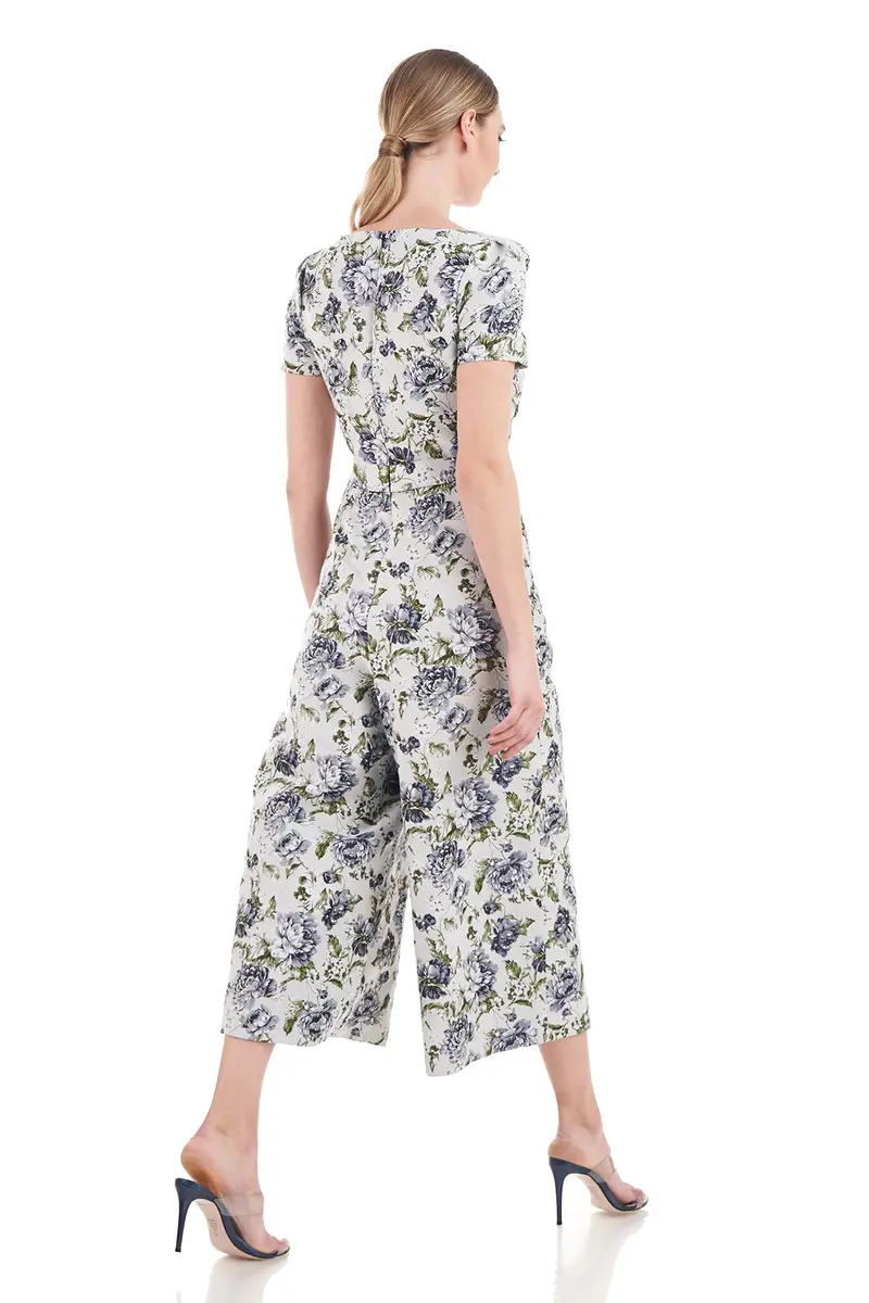 Vintage-Inspired Jacquard Jumpsuit with Wrap Bodice