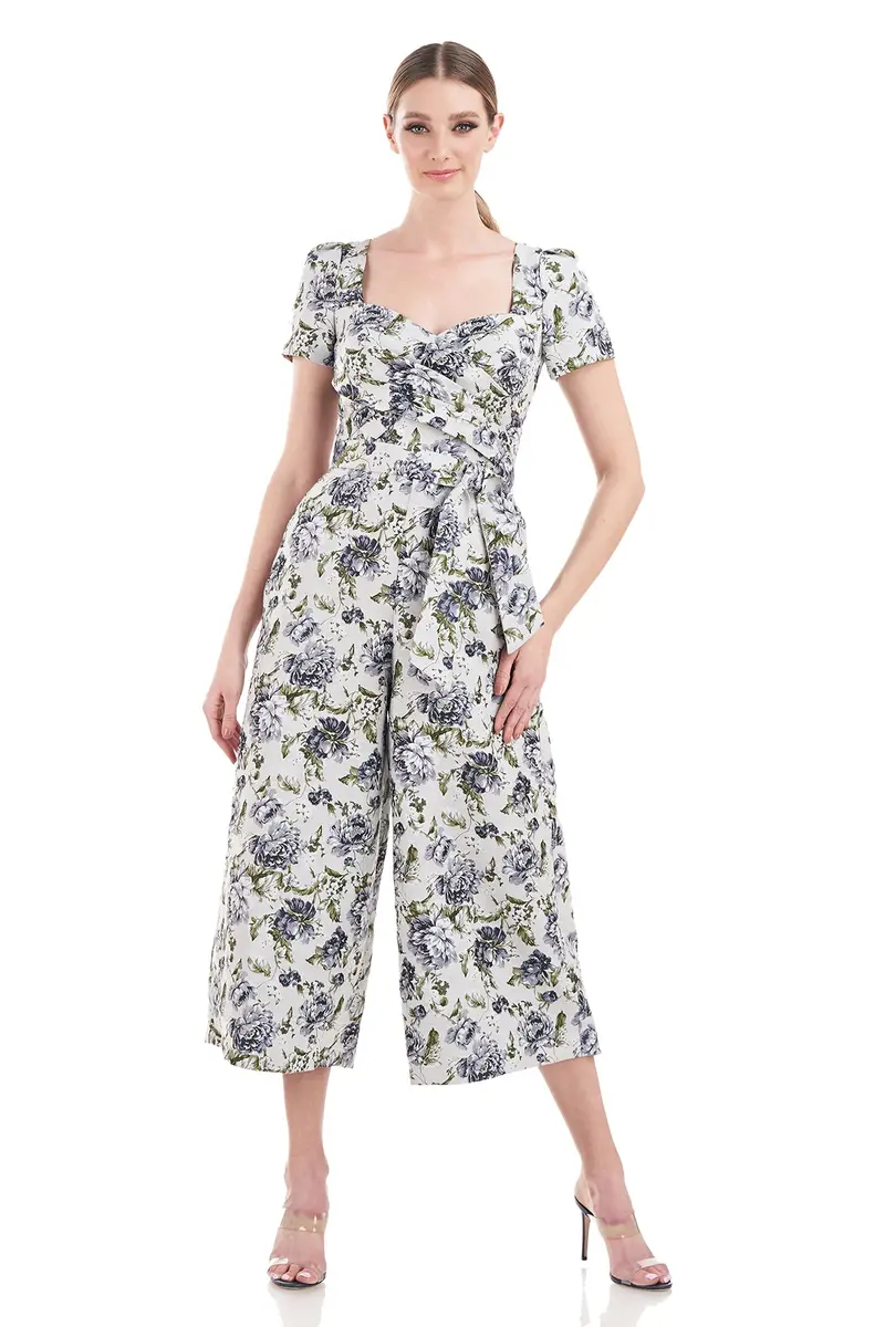 Vintage-Inspired Jacquard Jumpsuit with Wrap Bodice