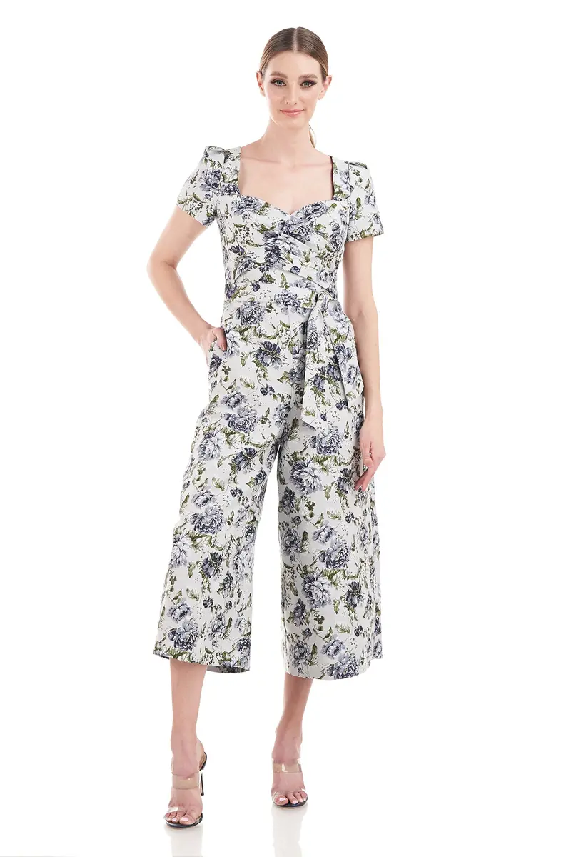 Vintage-Inspired Jacquard Jumpsuit with Wrap Bodice