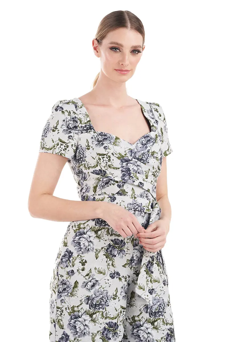 Vintage-Inspired Jacquard Jumpsuit with Wrap Bodice
