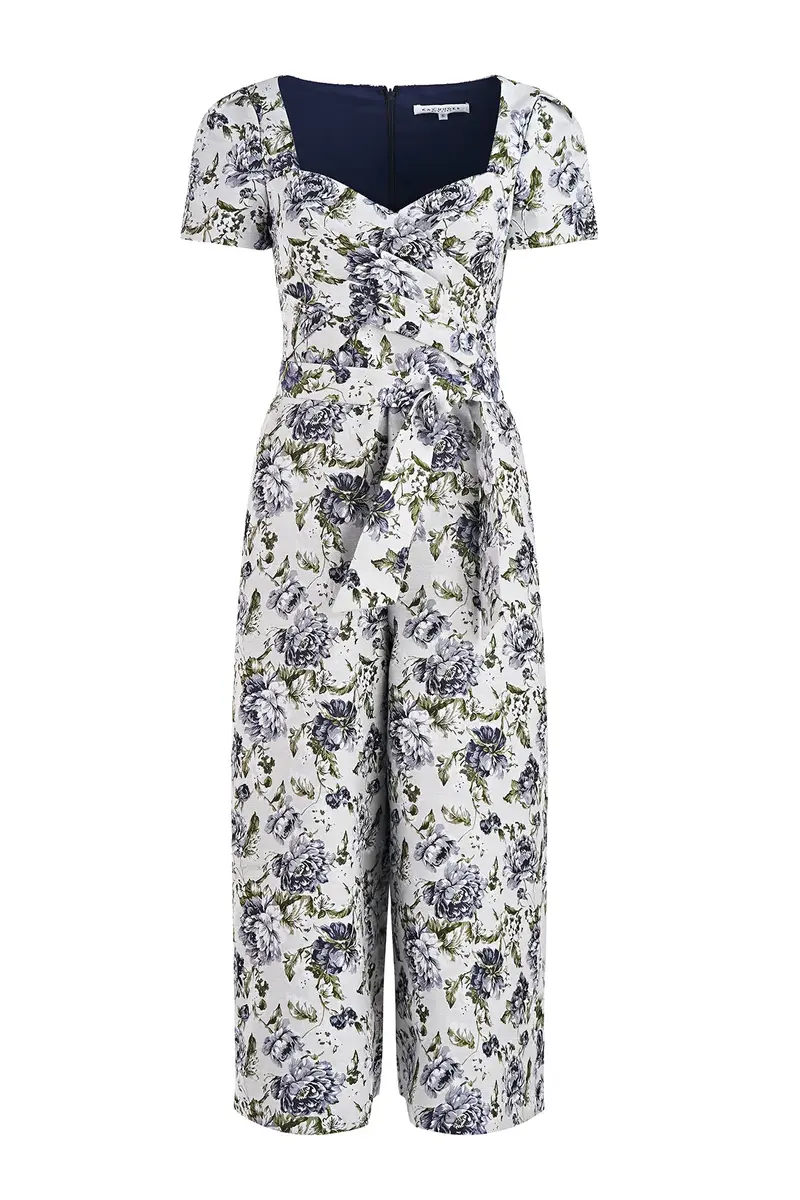 Vintage-Inspired Jacquard Jumpsuit with Wrap Bodice