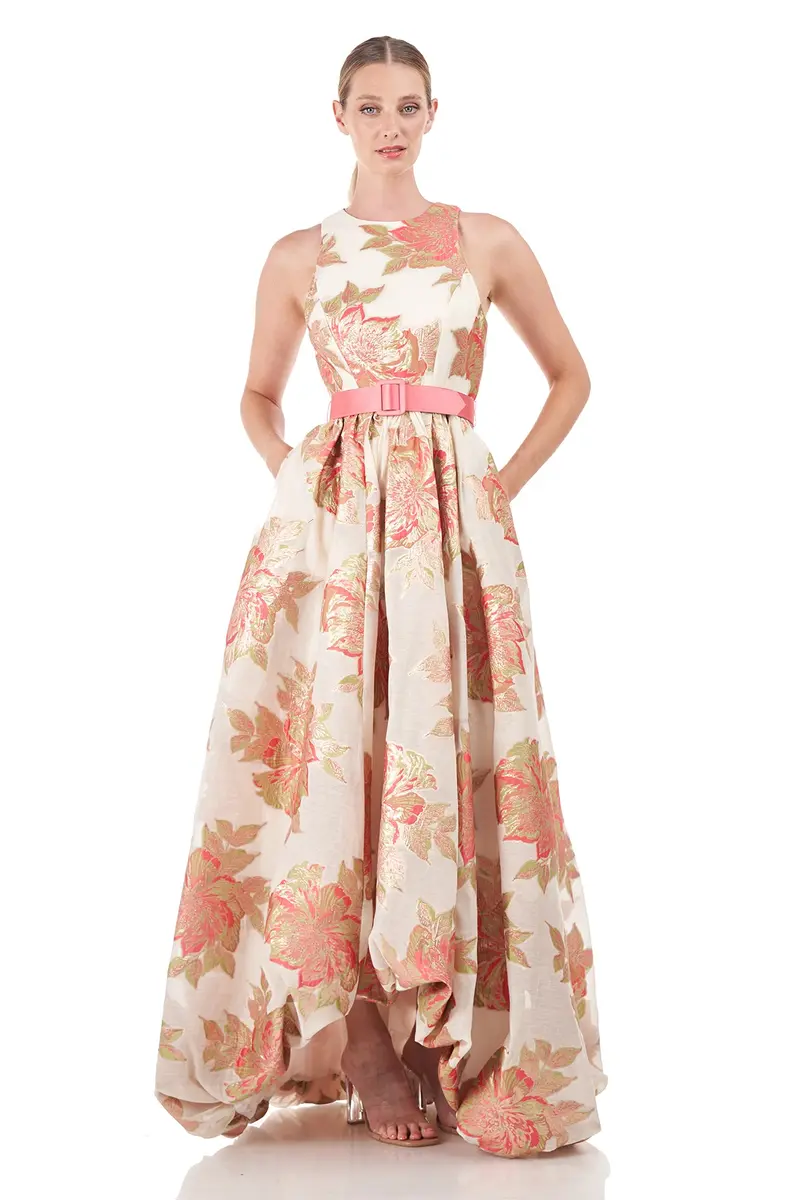 Vivian High-Low Linen Jacquard Gown with Bubble Hem