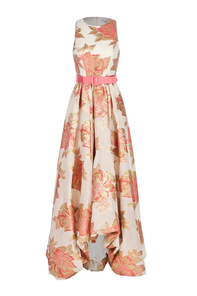 Vivian High-Low Linen Jacquard Gown with Bubble Hem