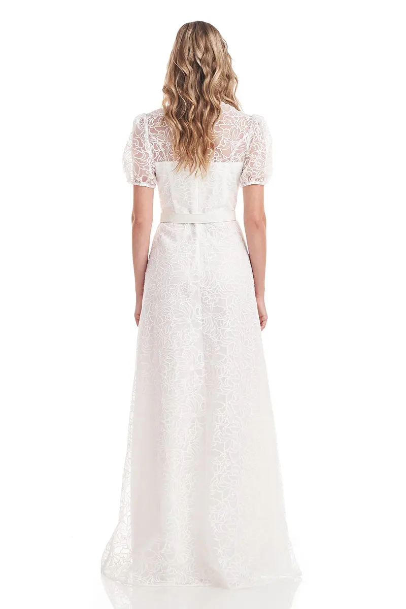 Wynonna Floral Organza Gown with Illusion Neckline and Fit-and-Flare Silhouette