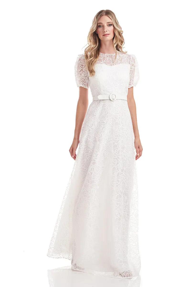 Wynonna Floral Organza Gown with Illusion Neckline and Fit-and-Flare Silhouette